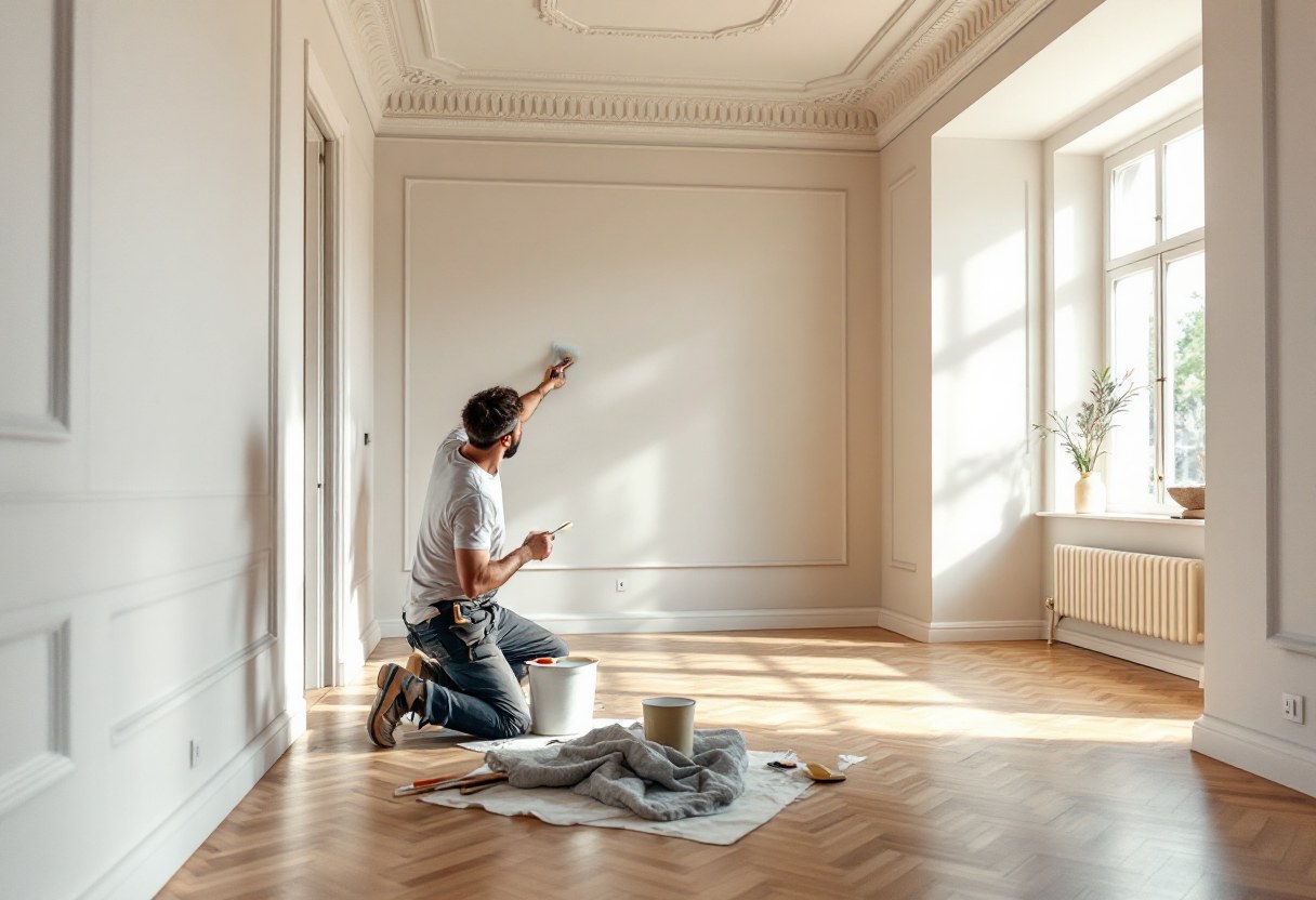 Peintre réalisant les finitions dans un séjour rénové en Belgique