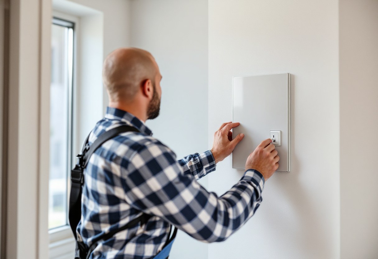 Électricien posant un tableau électrique dans une maison neuve