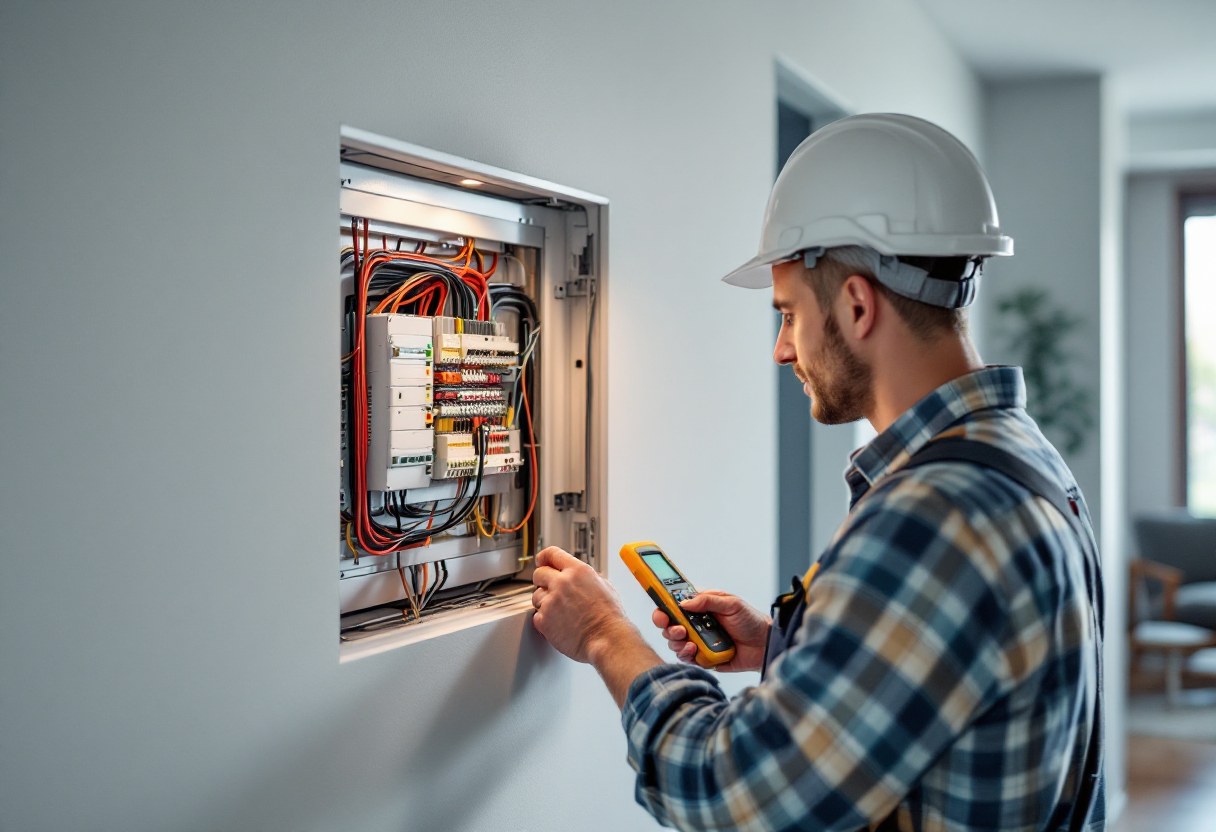 Électricien vérifiant la conformité d'un tableau électrique résidentiel