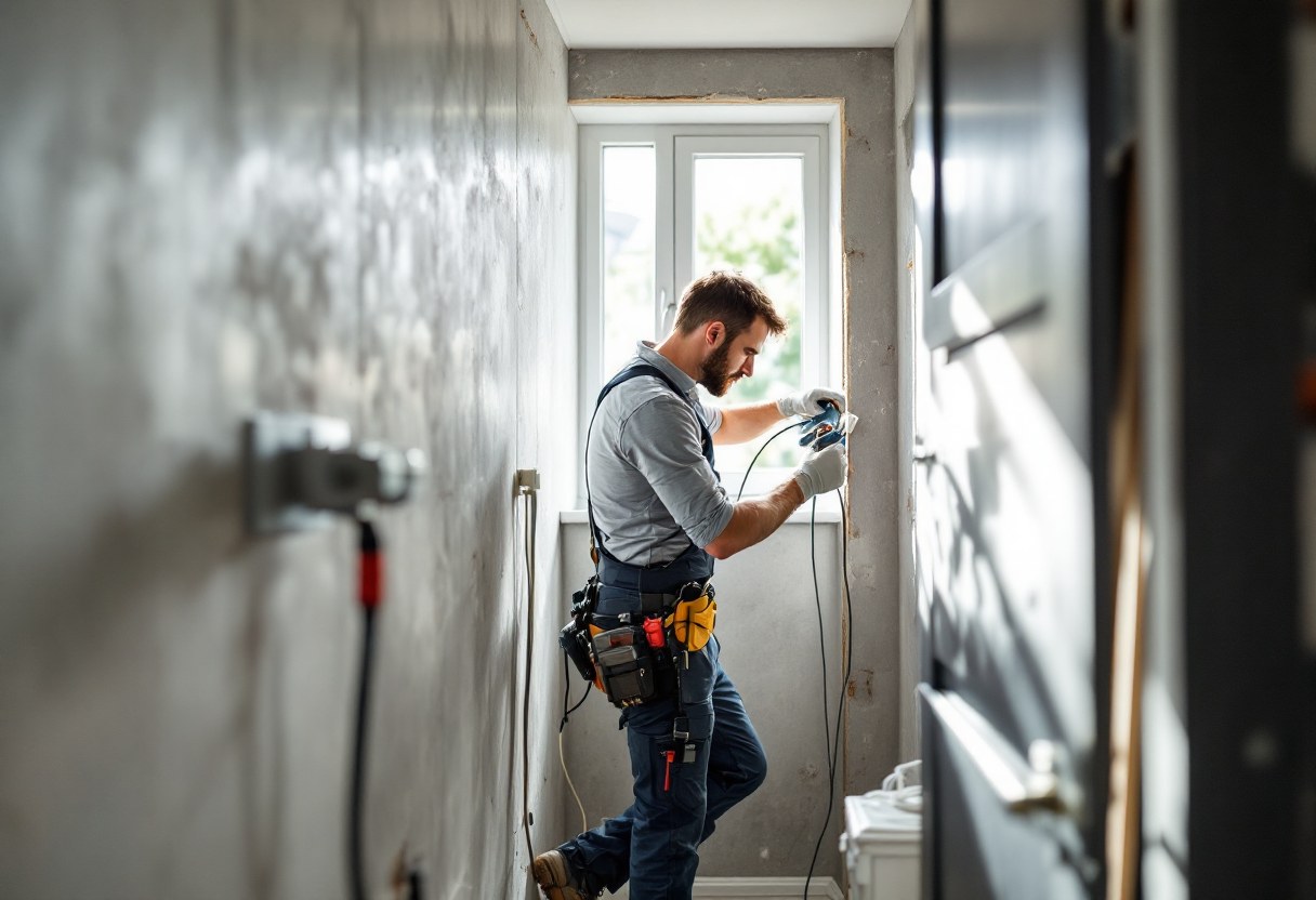 Électricien de Demo Construction travaillant dans une maison en Belgique