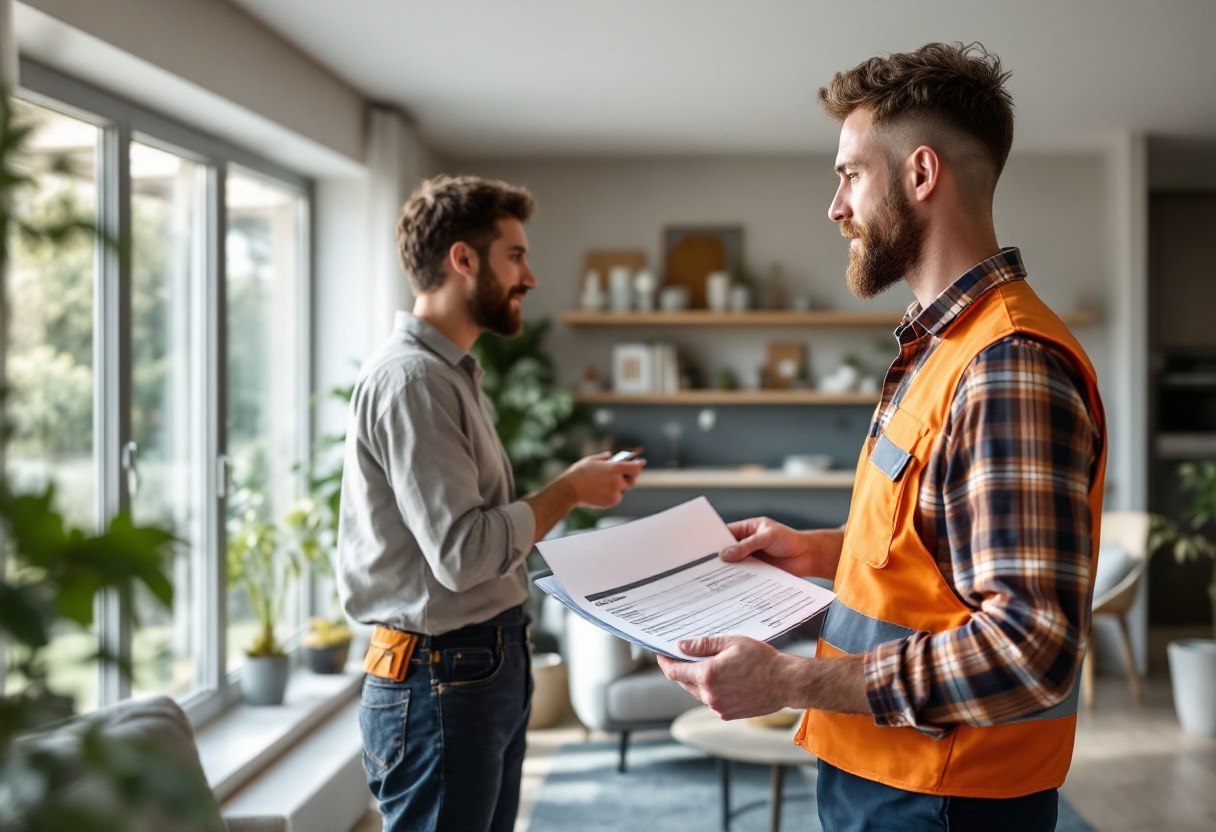Électricien de Demo Construction remettant un document de devis à un client