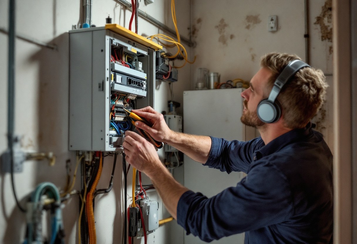 Électricien effectuant une mise en conformité d'un tableau électrique belge