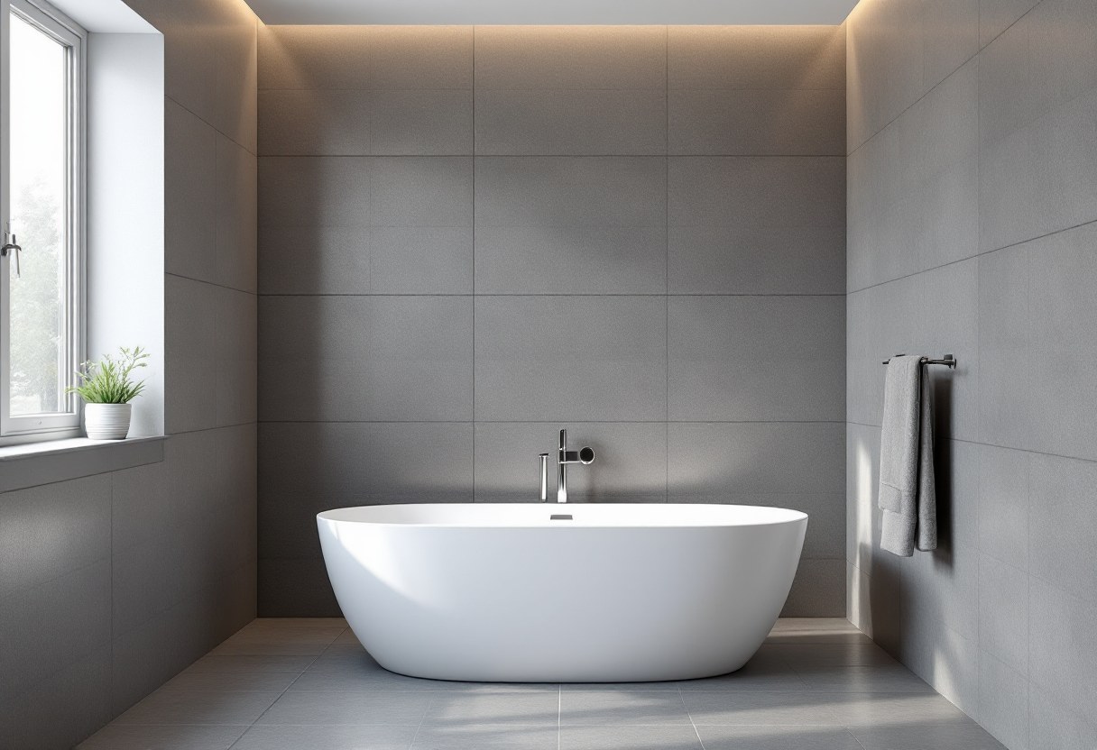 Salle de bains moderne rénovée avec grand carrelage, Belgique