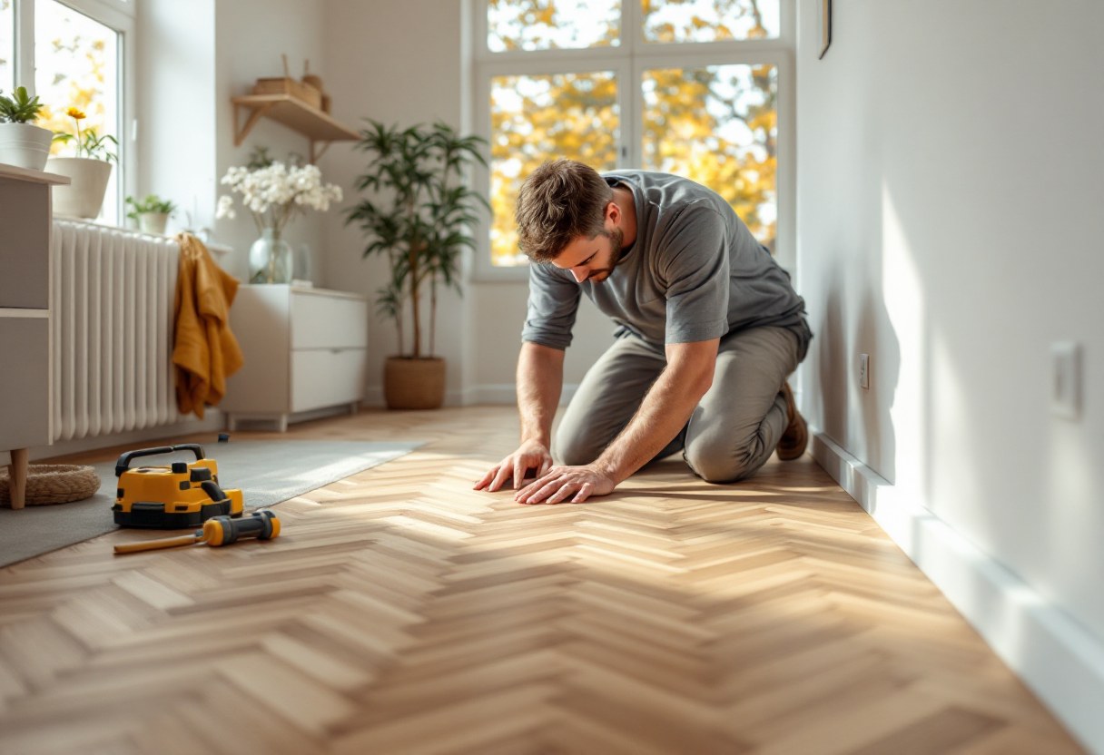 Pose de parquet en chêne dans un salon rénové, Belgique