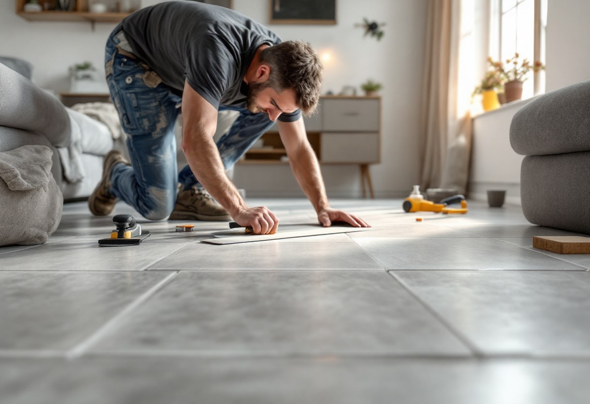 Pose de carrelage grand format dans une pièce belge rénovée