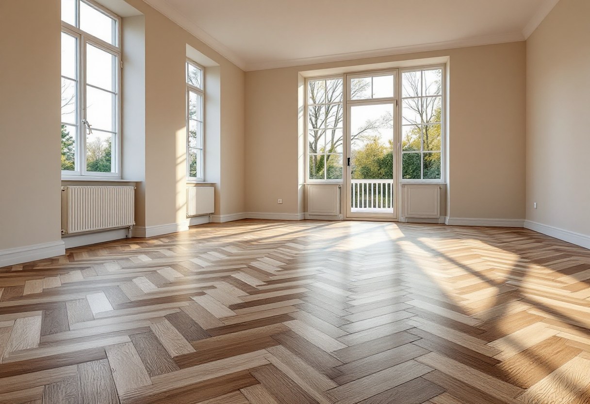 Parquet en chêne massif posé en chevrons dans un salon belge