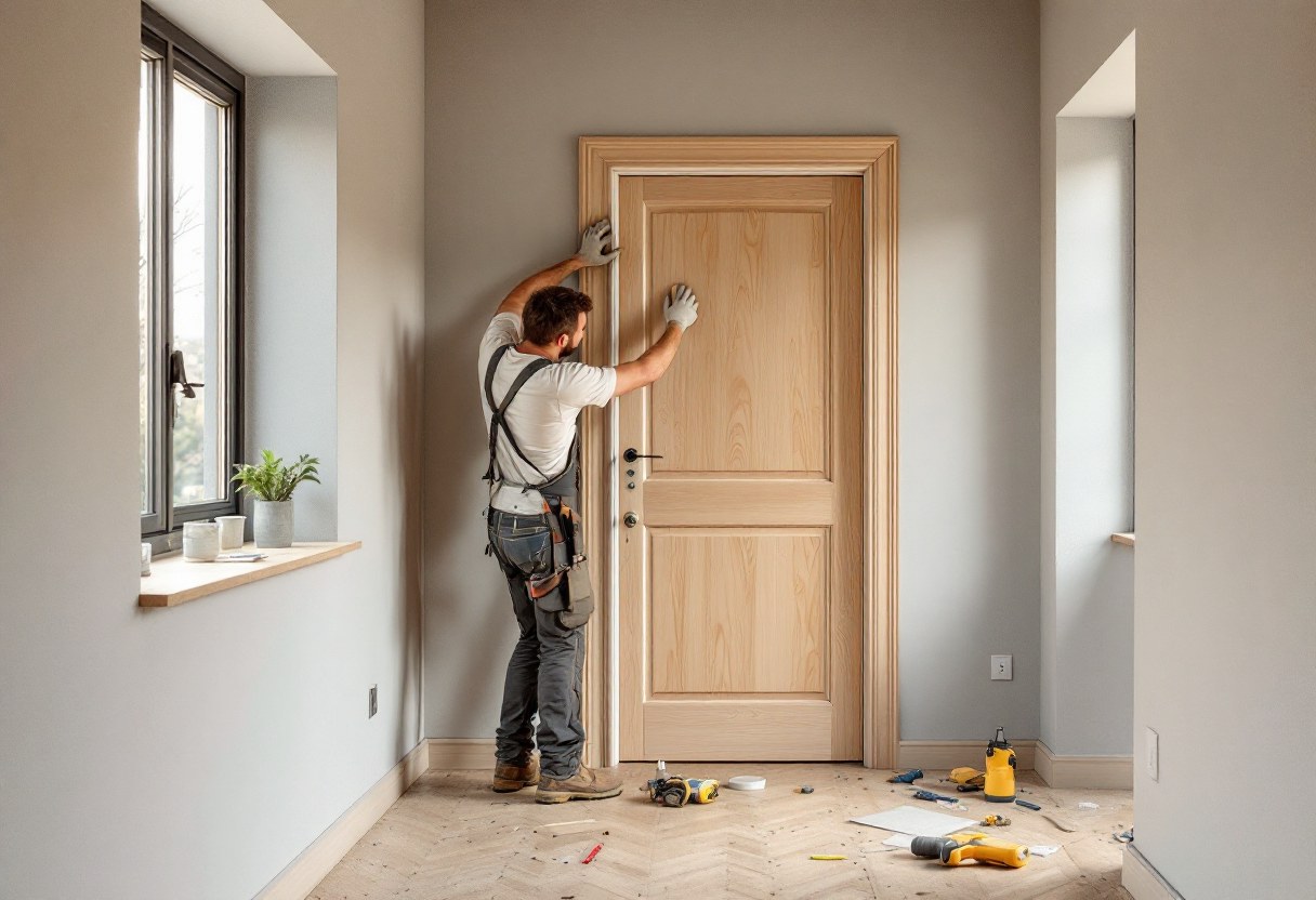 Pose de portes intérieures en bois dans une maison belge rénovée