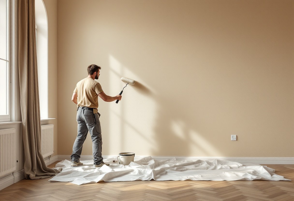 Peinture de finition dans un salon rénové en Belgique