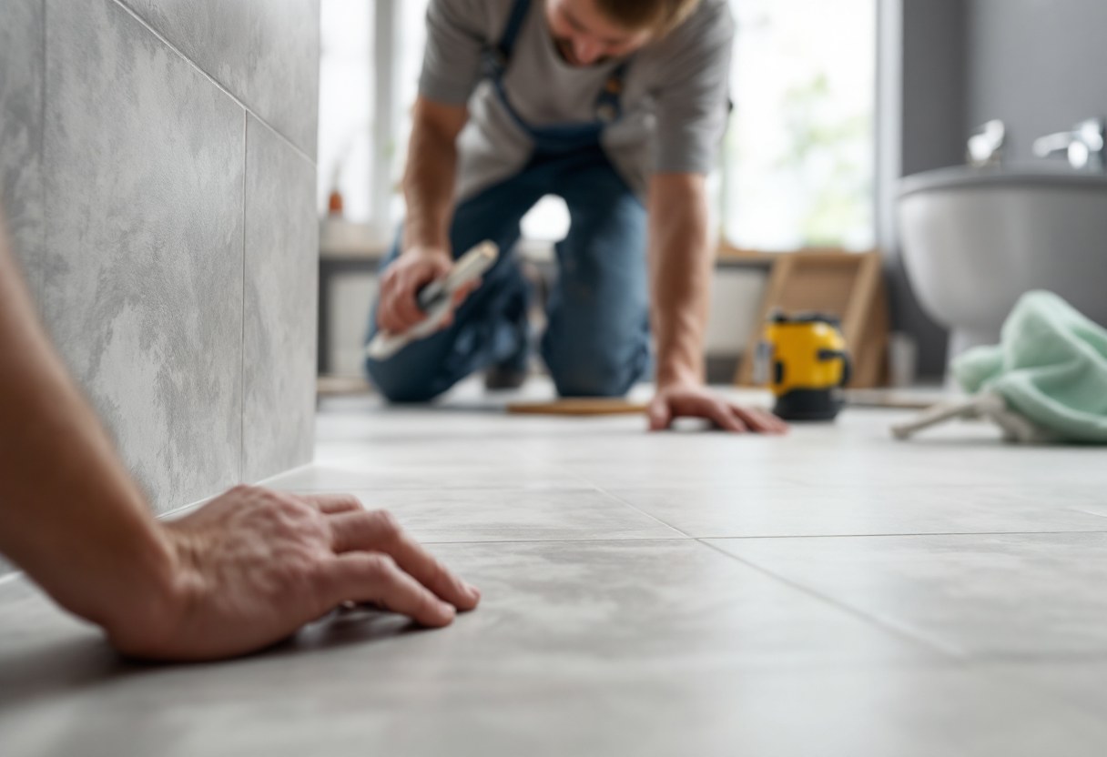 Pose de carrelage soigné dans une salle de bains rénovée en Belgique