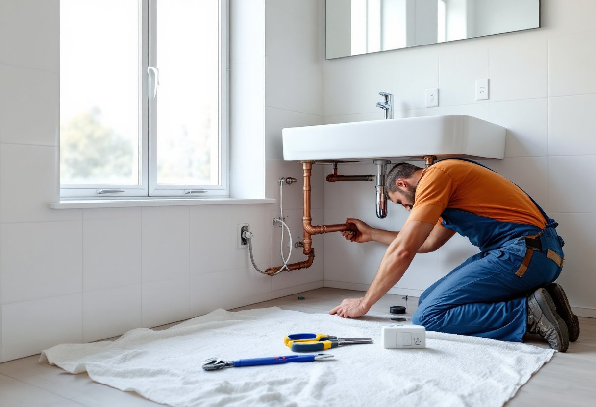 Pose de tuyauterie et sanitaires dans une salle de bains rénovée en Belgique
