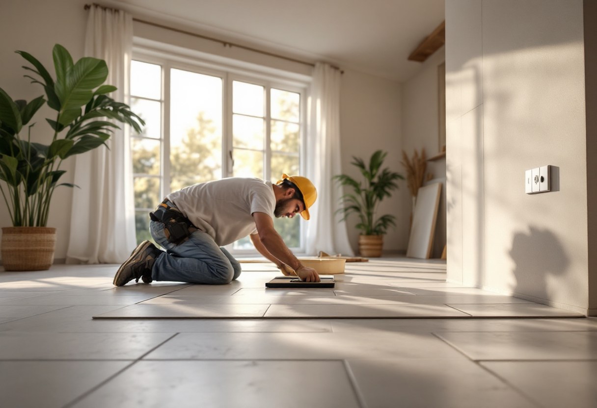 Pose de carrelage grand format dans un séjour rénové en Belgique