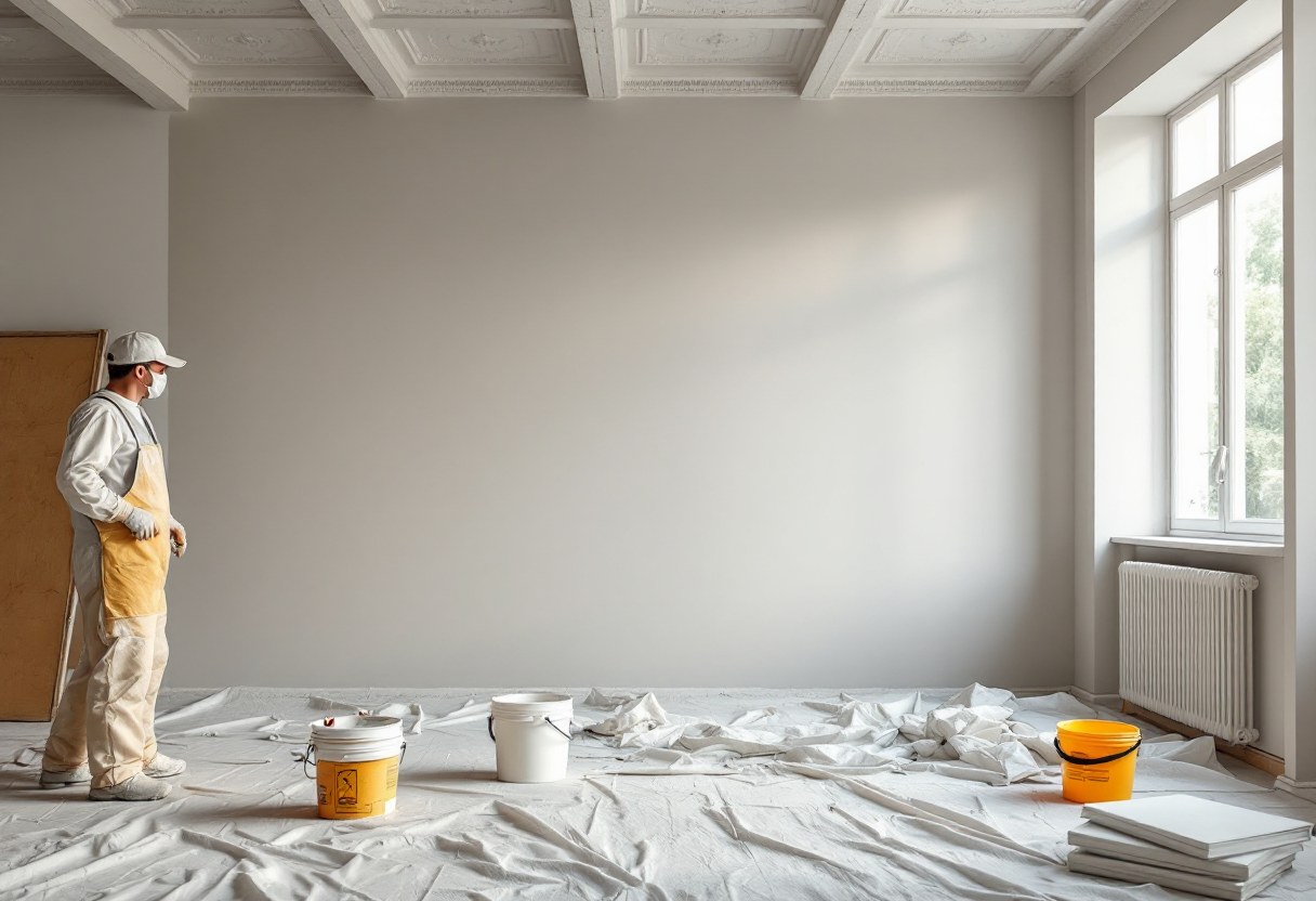 Plafonnage et pose de cloisons en cours dans un appartement belge rénové