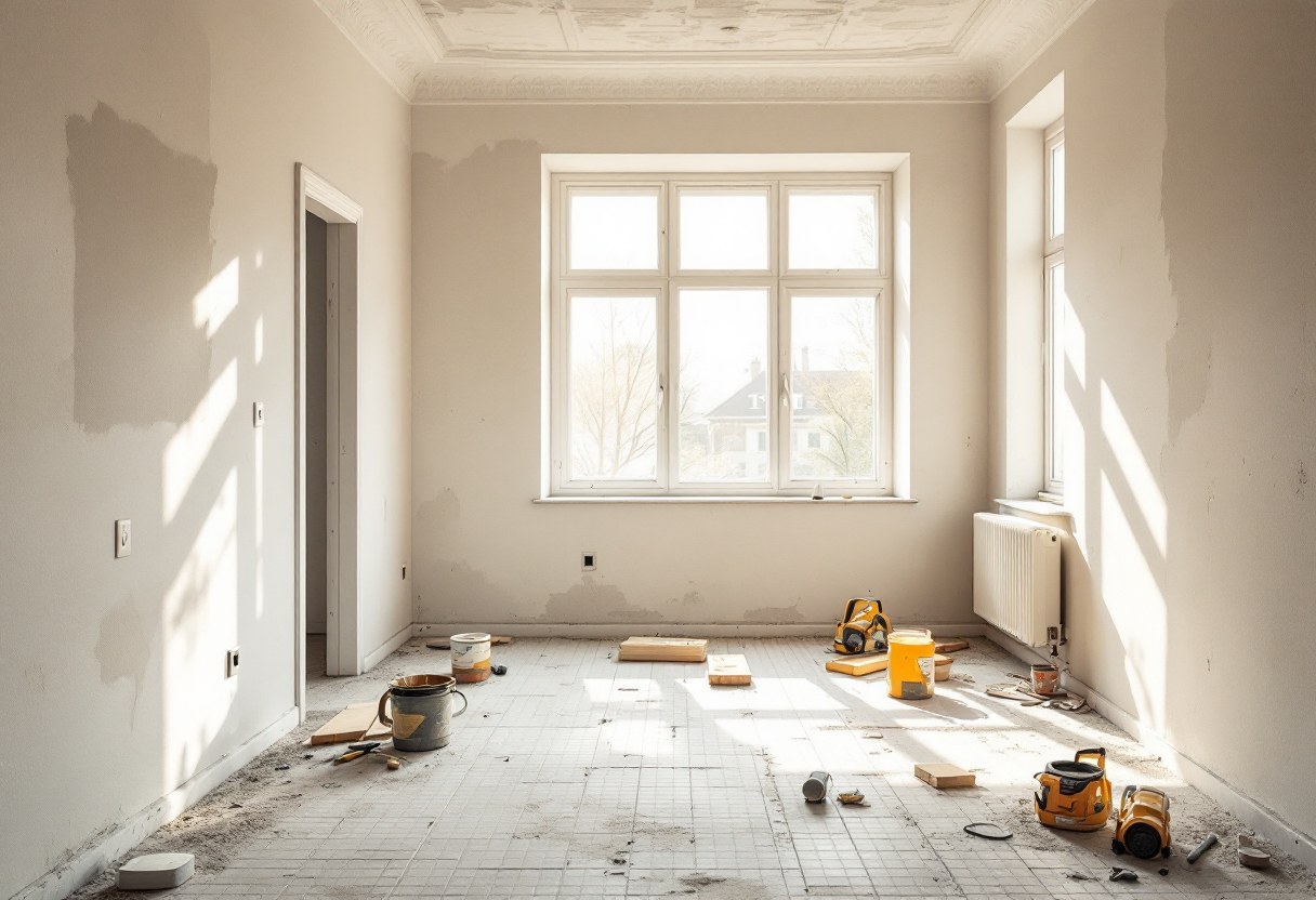 Chantier de rénovation intérieure propre et organisé, entreprise générale Belgique